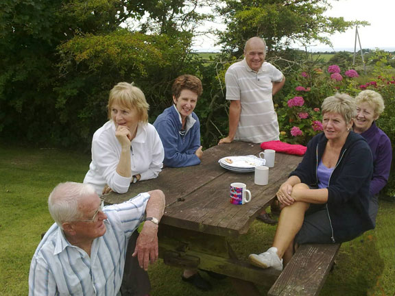 1.Uwchmynydd, Mynydd Mawr, Ffynnon Mair. + Bryn Llwyd.
Afternoon tea and cakes in Judith's garden following the walk. Photo: Meirion Owen.
Keywords: July10 Thursday Judith Thomas