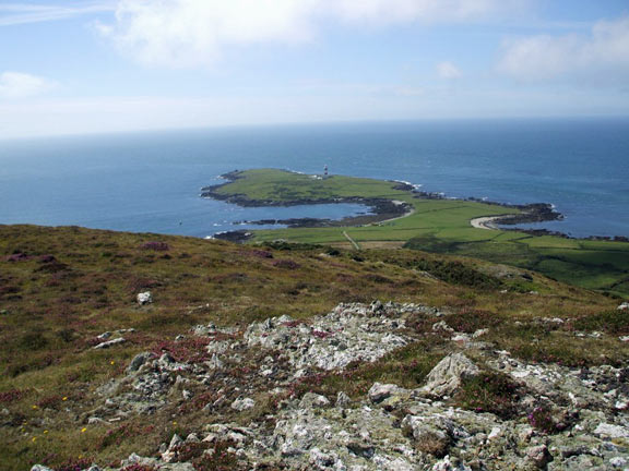 1.Ynys Enlli. Dafydd Williams's trip to Bardsey.
Sunday the 22 August 2010. Taken from the ridge Mynydd Enlli which runs North-South at just over 500 feet. The ridge is easily achieved from both the North and South. The lighthouse is on the south peninsula and is still operative. Photo: Dafydd Williams.
Keywords: Aug10 Sunday non-club Dafydd Williams