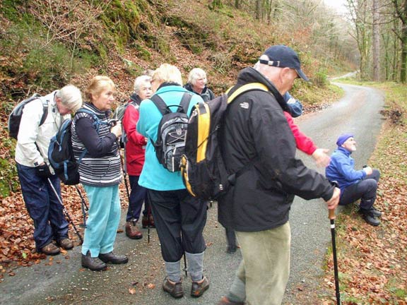 2.Glasdir,Ganllwyd,2 waterfalls 
1/12/11. A brief stop by the group. Photo: Dafydd H Willams.
Keywords: Dec11 Thursday Nick White