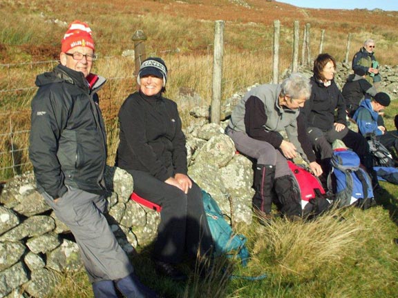 5.Mynydd Nodol.
Lunch, sheltered from the wind just above the derelict Tan-y-Mynydd. Photo: Dafydd Williams. 
Keywords: Nov11 Sunday Noel Davey Tecwyn Williams