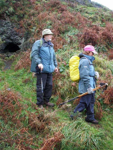 1.Manganese mines & Ports of Rhiw & Ysgo.
11/12/11. Two members exit one of the mine tunnels at Nant y Gadwen. Photo: Dafydd H Willams.
Keywords: Dec11 Sunday David Elisabeth Williams