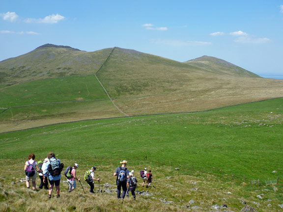 4.Llangybi, Bronmiod, Pen y Gaer, three hills and a ffynnon.
27/5/12. We descend Moel Bronmiod (our second peak) with Gyrn Ddu (left & centre) and Gyrn Goch (right) in the background. We won't be climbing them today. 
Keywords: May12 Sunday Catrin Williams Noel Davey