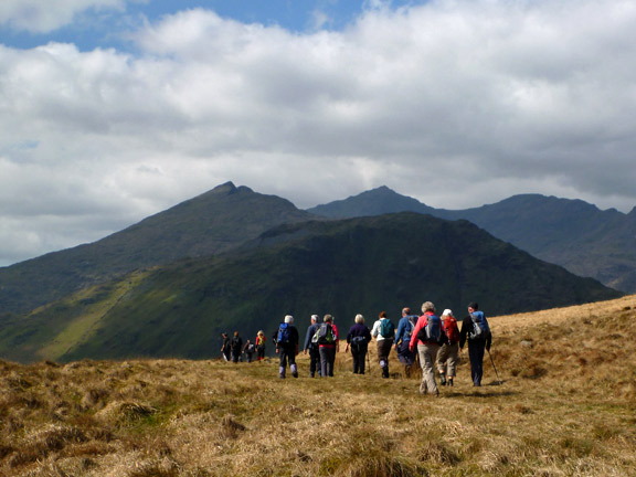 3.Roman Bridge.
1/4/12.  Suddenly we find ourselves looking over Nant Gwynant with views of Gallt y Wenallt, Y Lliwedd and Snowdon ahead.
Keywords: Apr12 Sunday Ian Spencer
