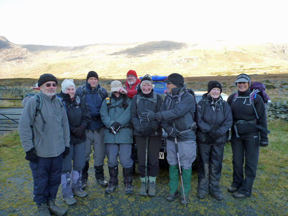 1.Pen yr Helgi-Di & Pen Llithrig y Wrach
25/11/12. Setting off from the car park at Gwern Gof Isaf alongside the A5. Mr Paramo starts to interfere with the front row. There's one in every group!
Keywords: Nov12 Sunday Ian Spencer