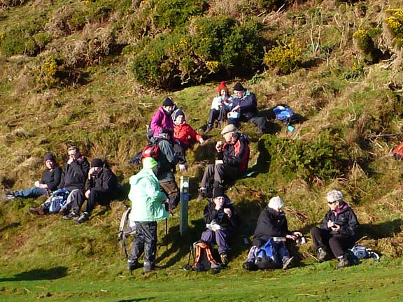 4.Walk between 2 beaches Porth Fawr and Porth Ceiriad
27/12/12. The main lunching party make themselves comfortable amongst the prickly gorse bushes.
Keywords: Dec12 Thursday Rhian Roberts Mary Evans