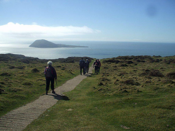 3.Porth Oer to Aberdaron
16/3/14. The descent from Mynydd Mawr towards lunch. Bardsey and the sparkling swnt  (Swnt Enlli) in the background. Photo: Dafydd Williams.
Keywords: Mar13 Sunday Roy Milnes