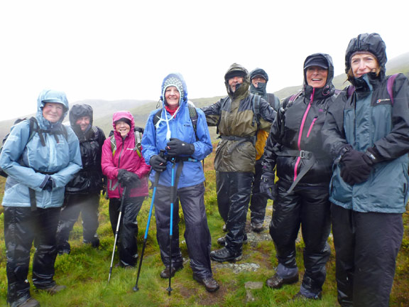 3.Arenig Fawr
11/05/14. Similar to the first photograph but look at our smiles. Smiles despite the rain and wind speeds over 50mph (including an 84.5mph gust). We have reached Carreg Lefain. However this is where we turn back because of low cloud and the wind.
Keywords: May14 Sunday Tecwyn Williams