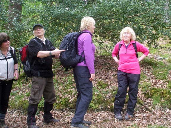 5.Coed y Brenin Waterfall Walk
15/5/14.  Under the watchful eye of his wife, Tecwyn takes a moment to point out the latest features on the new ruckstack being 'worn' by his reluctant model. Photo: Dafydd Williams.
Keywords: May14 Thursday Judith Thomas