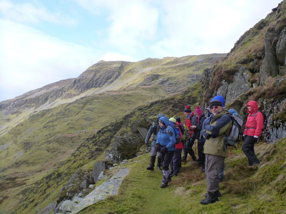 4.Croesor Circular.
2/1/14. We have come to the end of the path at Bwlch y Rhosydd and we are not inclined to take the near vertical path straight to the valley bottom.
Keywords: Feb14 Sunday Tecwyn Williams