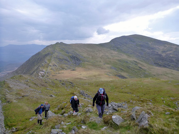 4.Diffwys, Y Llethr & Rhinog Fach
27/04/14. On Crib-y-rhiw with Y Llethr in front of us and our path from Diffwys in the background.
Keywords: Apr14 Sunday Hugh Evans