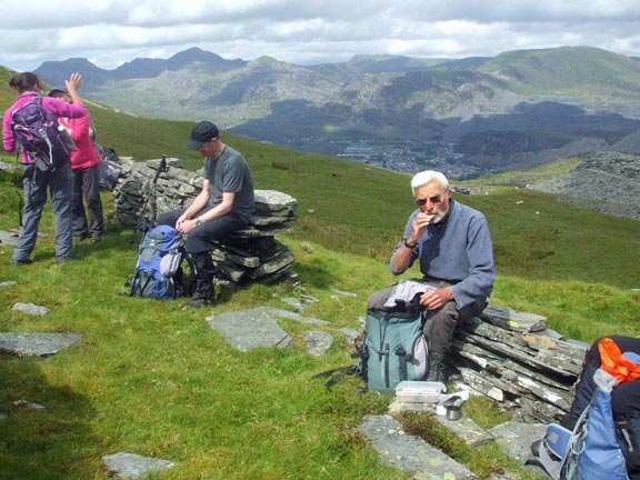 2.Manod Mawr & Sarn Helen
8/6/14. Some of the party enjoying their coffee break before the push to the top of Manod Mawr. Photo: Dafydd Williams.
Keywords: Jun14 Sunday Judith Thomas