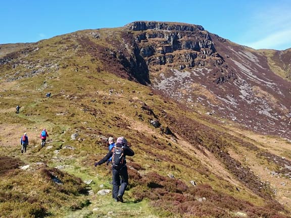 3.Arenig Fawr
26/4/15. Starting the steep climb with Y Castell in the background. Photo: Catrin Williams.
Keywords: Apr 15 Sunday Tecwyn Williams