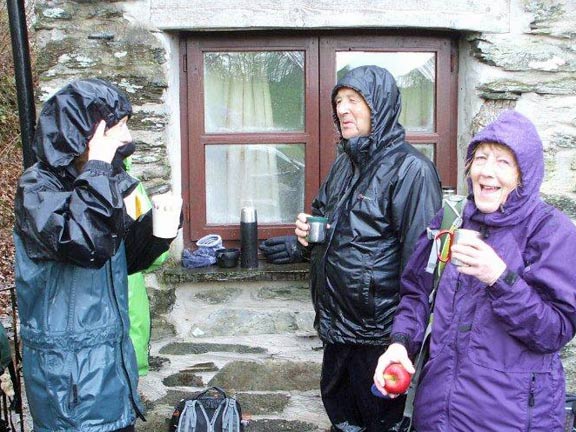 2.Betws y Coed to Capel Garmon
29/3/15. It is still raining as we stop for our morning coffee break at Maes Madog. There was no sitting down. Photo: Dafydd Williams.
Keywords: Mar15 Sunday Dafydd Williams