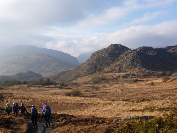 7.Llyn Crafnant & Geirionydd
15/2/15. We have just emerged from a bog to find a newly surfaced path. We're nearly home. Clogwyn Mawr on the right and a misty Creigiau'r Gelli on the left the background.
Keywords: Feb15 Sunday Hugh Evans
