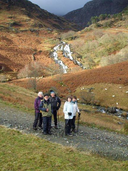 6.Cwm Llan via Watkin path
08/01/2015. Looking straight up Cwm Llan with the waterfall in the foreground and the chairman in view!  Photo: Dafydd Williams.
Keywords: Jan15 Thursday Kath Mair