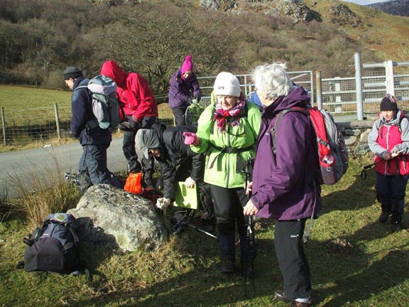 7.Cwm Pennant circular
1/2/15. A stop for lunch and the point in the walk where we turn back to our starting point. Rhian takes the low road and gets back before us. Photo: Dafydd Williams.
Keywords: Feb15 Sunday Kath Mair