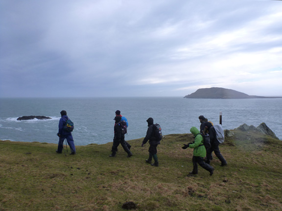 4.Porth Oer to Aberdaron
1/3/15. There's another storm brewing. The island Carreg Ddu on the left and Bardsey on the right.
Keywords: Mar15 Sunday Roy Milnes