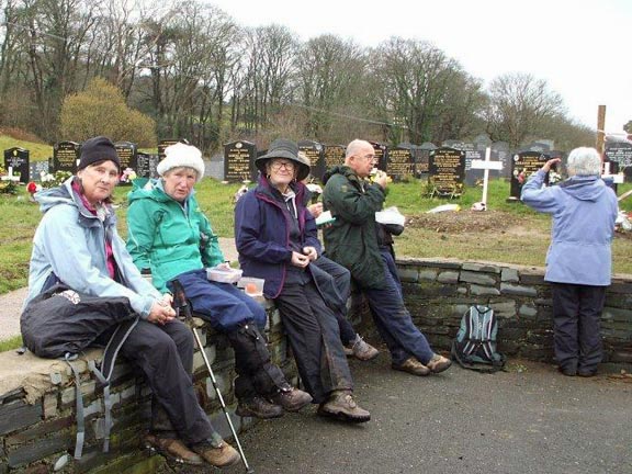 2.Porthmadog,Portmeirion,Minffordd Circular.
19/2/15 Lunch at the cemetry in Minffordd. Photo: Dafydd Williams.
Keywords: Feb15 Thursday Nick white