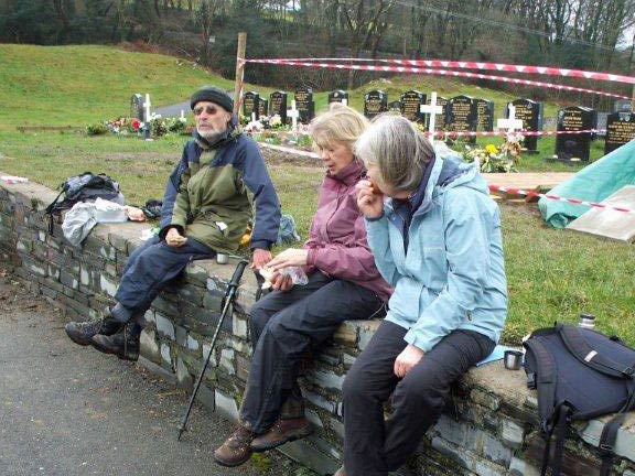 3.Porthmadog,Portmeirion,Minffordd Circular.
19/2/15 Lunch at the cemetry in Minffordd. Photo: Dafydd Williams.
Keywords: Feb15 Thursday Nick white