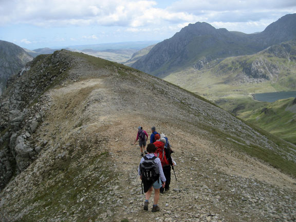 1.Y Garn
7/6/15.  Walking along Y Llymllwyd after Y Garn. Tryfan in the background to the right. Photo: Judith Thomas
Keywords: June15 Sunday Judith Thomas