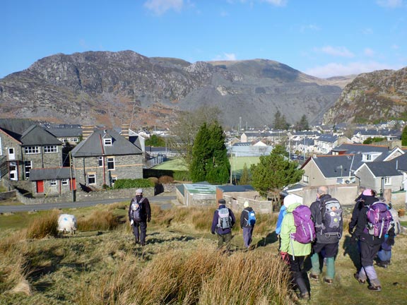 2. Cwmorthin Six Lakes (Changed to Cwm Bowydd)
28/2/16. Looking north over Blaenau having passed the hospital.  In the background L-R: Allt Fawr, Iwerddon, and Garreg Ddu.
Keywords: Feb16 Sunday Nick White