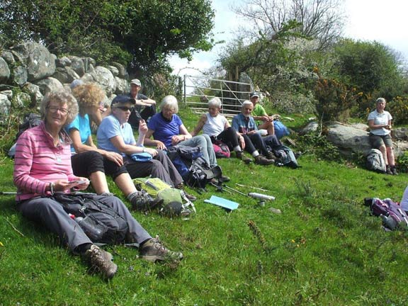 7.Llanllechid Circular
8/5/16. Our final break close to Felin Cochwillan. Looking down over the Ogwen valley.  It is very warm. Photo: Dafydd Williams.
Keywords: May16 Sunday Dafydd Williams