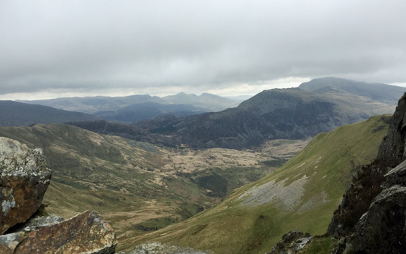 1.Nantlle Ridge West to East
24/4/16. Looking across the far end of Cwm Pennant with the Moel Lefn, Moel yr Ogof and Moel Hebog to the right and Cnicht and the Moelwyns in the centre background. Photo: Heather Stanton.
Keywords: Apr16 Sunday Roy Milnes