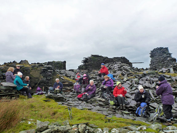 5.Four Valleys (Cut down to two Valleys)
17/1/16. Mid morning break near pen-y-Bwlch. A seat for everyone.
Keywords: Jan16 Sunday Noel Davey