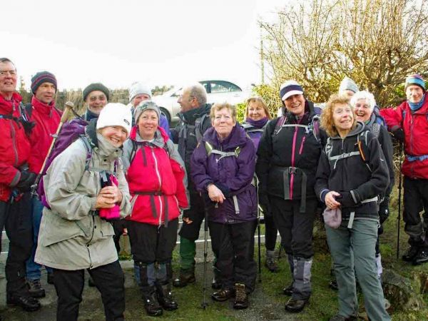 7.Gyrn Ddu, Gyrn Goch, Bwlch Mawr.
14/2/16. The final line up at our starting point. It had been the best weather on a club walk for months. No problem in raising a smile. Photo: Dafydd H Williams. 
Keywords: Feb16 Sunday Ian Spencer