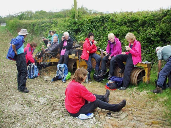 12.Isle of Wight Spring Holiday
1/5/17. The A walkers on the Eastern White walk having their morning break on a piece of agricultural machinery. Photo: Dafydd Williams
