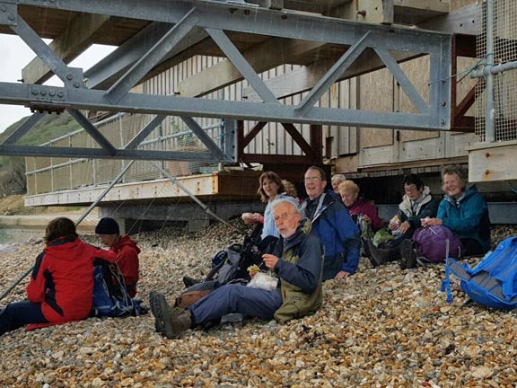 9.Isle of Wight Spring Holiday
30/4/17. The A group having their lunch sheltering from the rain at Totland Bay. Photo: Judith Thomas.
Keywords: Apr17 Week Hugh Evans