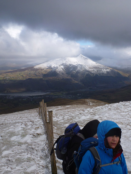 3.Moel Eilio
12/2/17.  Close to the summit of Moel Eilio. Elidir Fawr in the background with Llanberis in the dip inbetween. 
Keywords: Feb17 Sunday Heather Stanton