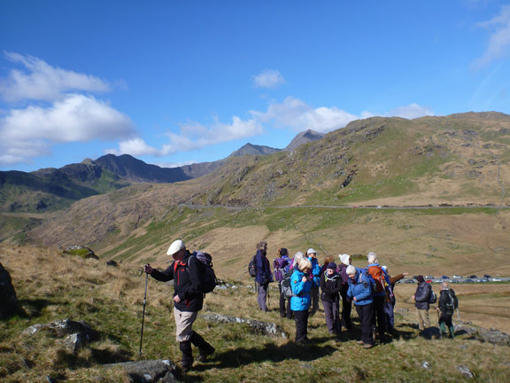 1.Carnedd y Cribau
23/4/17.  We have just set off from the cars parked alongside the main road at Pen y Gwryd. Snowdon Horseshoe in the distant background.
Keywords: Apr17 Sunday Dafydd Williams