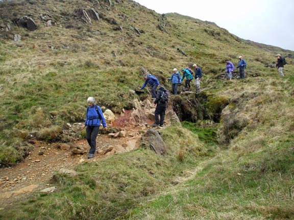 6.Bethania - Cwm Llan
10/5/18. Having done a U-turn and ascending on the old wagon rail we re-joined the Watkin path down a rather tricky path. Photo: Dafydd Williams.
Keywords: May18 Thursday Dafydd Williams