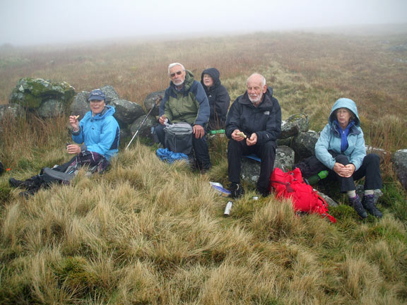 1.Bronmiod - Pen y Gaer
22/4/18. Weather conditions of low mist and rain which limited visibility stayed with us until lunch, as you see. Very soon after out came the sun. It wasn't a day for photographs. Photo: Dafydd Williams.
Keywords: Apr18 Sunday Sue Wooley Miriam Heald