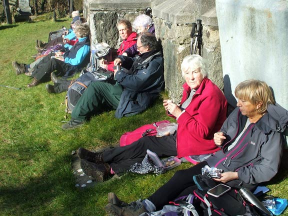 5.Snowdonia Slate Trail
25/2/18. Lunch in the sun and a chilly breeze, at Llanllechid Church. Photo: Dafydd Williams.
Keywords: Feb18 Sunday Noel Davey
