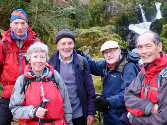 7.Cwm Bowydd / Cwm Cynfal Slate Trail
13/1/19. Members of the group with the beautiful Rhaeadr Cymerau (waterfalls) in the background.
Keywords: Jan19 Sunday Noel Davey