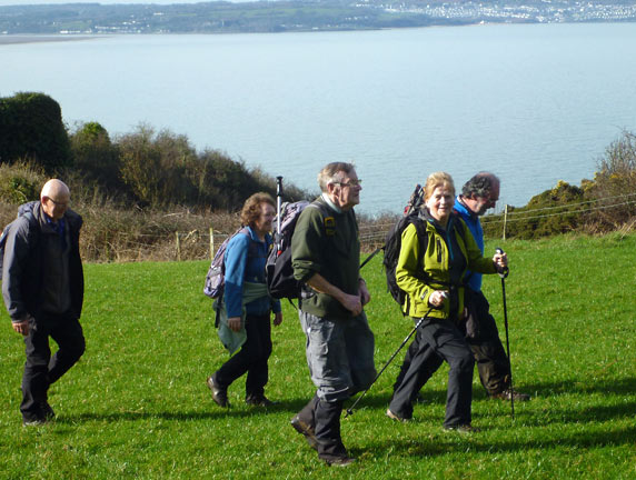 2.Llanddona to Beaumaris
24/2/19. Passing a disused quarry between  Bwrdd Arthur and the sea. Looking over Red Wharf Bay, and the villages of Red Wharf Bay and Bellech on the far side of the bay.
Keywords: Feb19 Sunday Gwynfor Jones