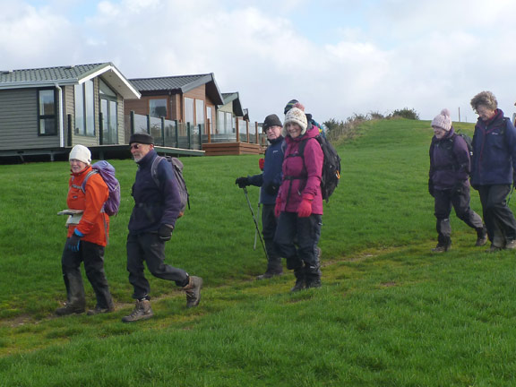 3.Llanystumdwy.
27/1/19. The group approaches Penychain with the chalets of the holiday park in the background.
Keywords: Jan19 Sunday Kath Spencer