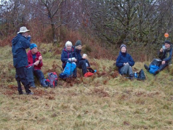 3.A stroll around the Trawsfynydd Hills
26/1/20. Lunch in a field near Cae'n-y-Coed. At the northern most point of our walk. Photo: Dafydd Williams. We headed south immediately afterwards.
Keywords: Jan20 Sunday Gwynfor Jones