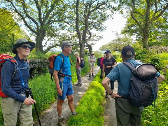 3.Porthmadog-Penmorfa-Black Rock circular
6/6/21. On the narrow farm road from Farm Yard, close to the A498 which runs into Tremadog. A small old disused stone bridge can be seen to the right of the left most person. Photo: Judith Thomas.
Keywords: Jun21 Sunday Hugh Evans