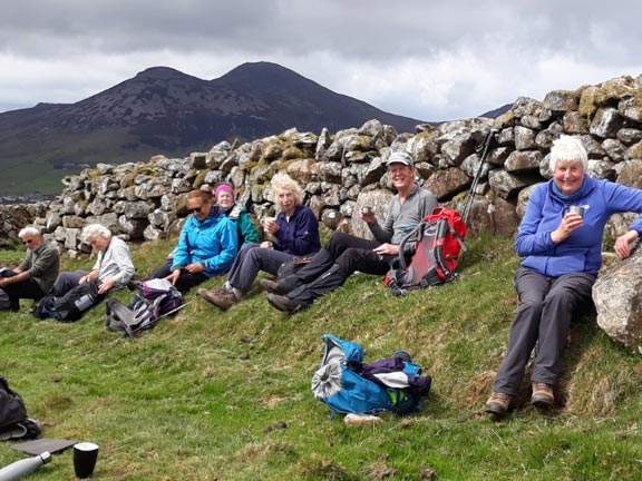 3.Clynnog Hills: Bwlch Mawr and Pen y Gaer
16/5/21. Morning coffee break a couple of fields later. Photo: Eryl Thomas

Keywords: May21 Sunday Noel Davey