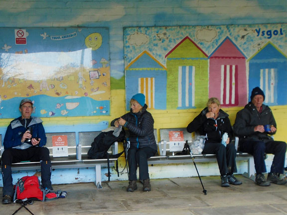 5.Llanystumdwy Circuit
9/5/21. Lunch at the railway station at Penychain. Out of the wind and drizzle. Photo: Dafydd Williams.
Keywords: May21 Sunday Kath Mair