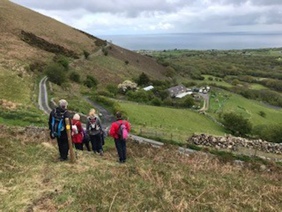 2.Around yr Eifl. Alt B.
16/5/21. Near the start on the west side of Tre'r Ceiri with Llanaelhaearn down to the right.  Photo: Janet Taylor
Keywords: May21 Sunday Dafydd Williams