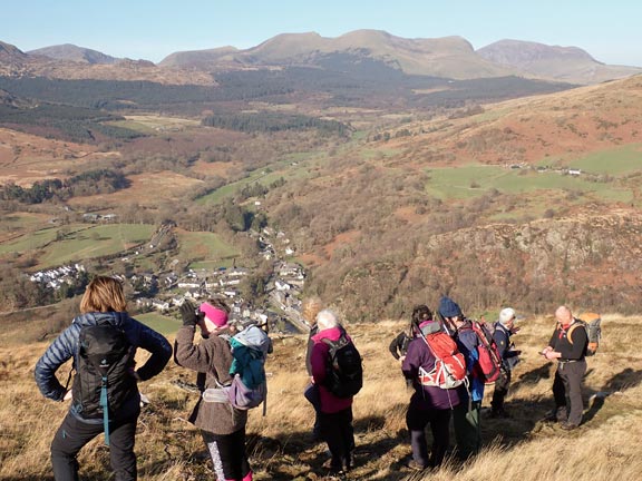 3.Beddgelert - Mynydd y Dyniewyd - Cwm Bychan - Glaslyn
27/02/22. Looking back down on Beddgelert during the early part of our scramble up Mynydd Sygyn. The Nantlle Ridge in the background.
Keywords: Feb22 Sunday Annie Andrew