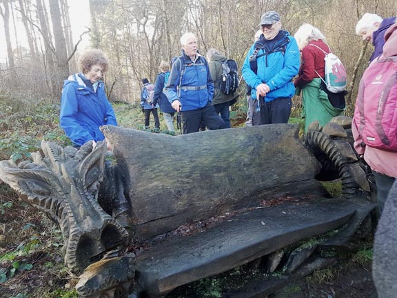 4.Beddgelert - Dinas Emrys
13/01/22. a huge and intricate ‘dragon’ seat apparently carved in situ from a solid piece of fallen tree stump. Photo: Megan Mentzoni
Keywords: Jan22 Thursday Annie Michael