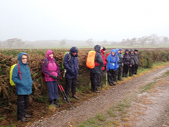 4.Criccieth Circuit
2/1/22.  Taking cover from a torrential rain storm, on our southerly path from Llanystumdwy past Aberkin farm, close to the coast. It only lasted a minute or so and we were on our way.
Keywords: Jan22 Sunday Eryl Thomas