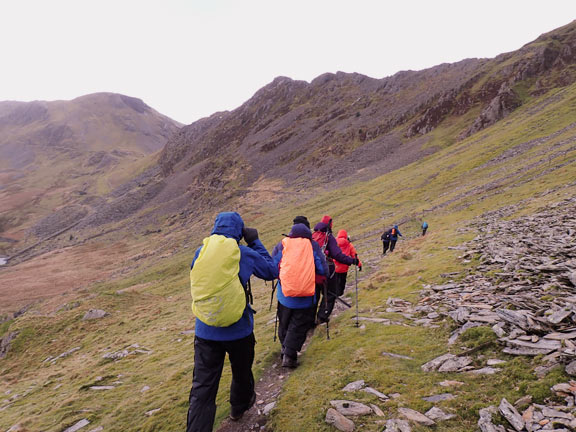 5.Tanygrisiau, Cwmorthin, Foel Ddu, Moel-yr-hydd, Stwlan.
13/3/22. Having conquered Foel Ddu, Moel-y-hydd, high winds and torrential rain we make our way to Bwlch Stwlan and hopefully lunch. Moelwyn mawr on our right and Moelwyn Fach in the background on the left.
Keywords: Mar22 Sunday Noel Davey