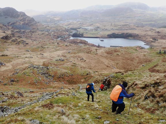 7.Tanygrisiau, Cwmorthin, Foel Ddu, Moel-yr-hydd, Stwlan.
13/3/22. The first and the steepest of three inclines. We noted the warning signs. Llyn Tanygrisiau below.
Keywords: Mar22 Sunday Noel Davey