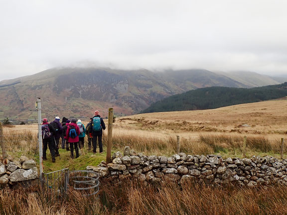 8.Waunfawr Circular.
23/1/22. The second half of the descent of Moel Smytho where we turn  NW in the direction of Betws Garmon with Moel Eilio in the cloud in the background.
Keywords: Jan22 Sunday Kath Spencer